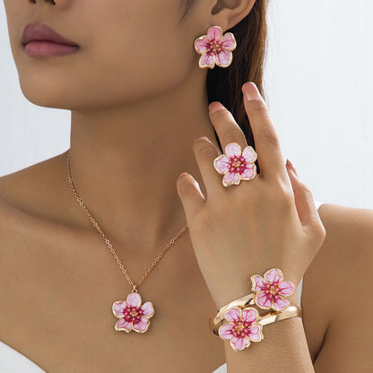 Rose Red Jewelry Set Featuring Enamel Craftsmanship With Elegant Flowers Pattern