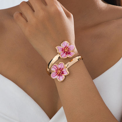 Flower Pattern Enamel Bangle For Women In Rose Red, Elegant Arm Cuff Jewelry Accessory