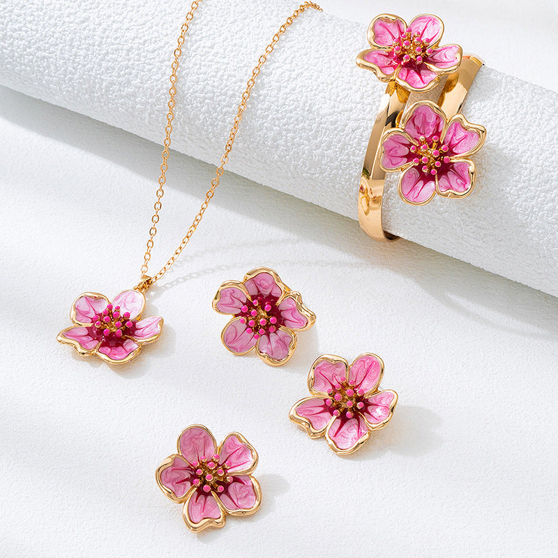 Rose Red Jewelry Set Featuring Enamel Craftsmanship With Elegant Flowers Pattern