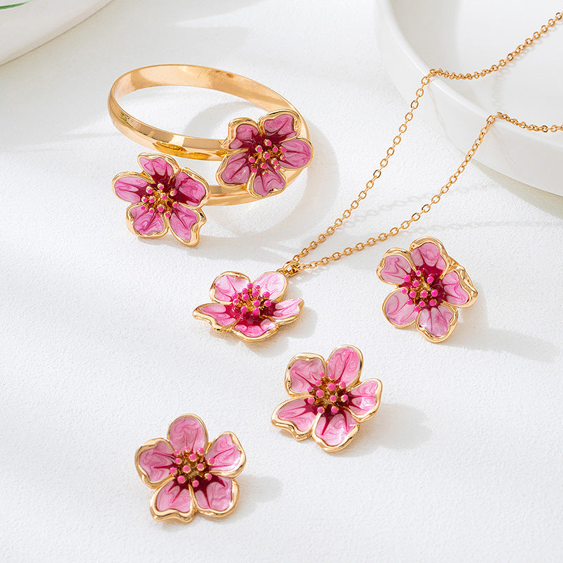 Rose Red Jewelry Set Featuring Enamel Craftsmanship With Elegant Flowers Pattern