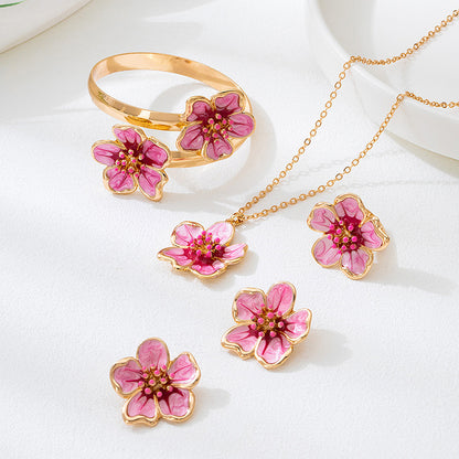 Rose Red Jewelry Set Featuring Enamel Craftsmanship With Elegant Flowers Pattern