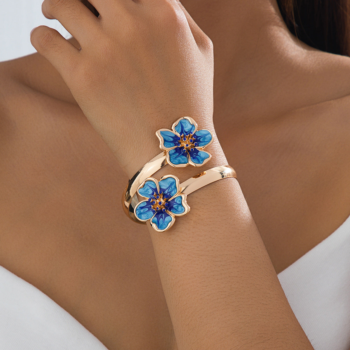 Flower Pattern Enamel Bangle For Women In Rose Red, Elegant Arm Cuff Jewelry Accessory