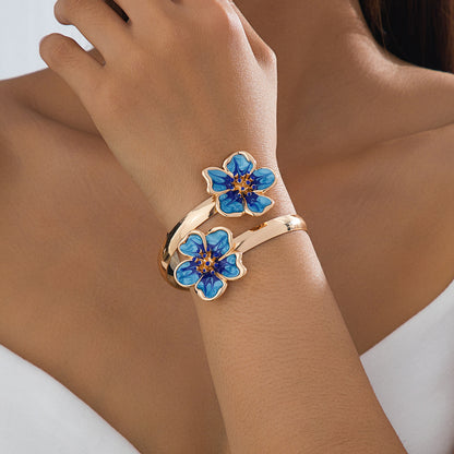 Flower Pattern Enamel Bangle For Women In Rose Red, Elegant Arm Cuff Jewelry Accessory