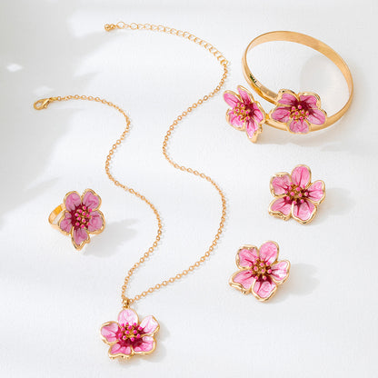 Rose Red Jewelry Set Featuring Enamel Craftsmanship With Elegant Flowers Pattern