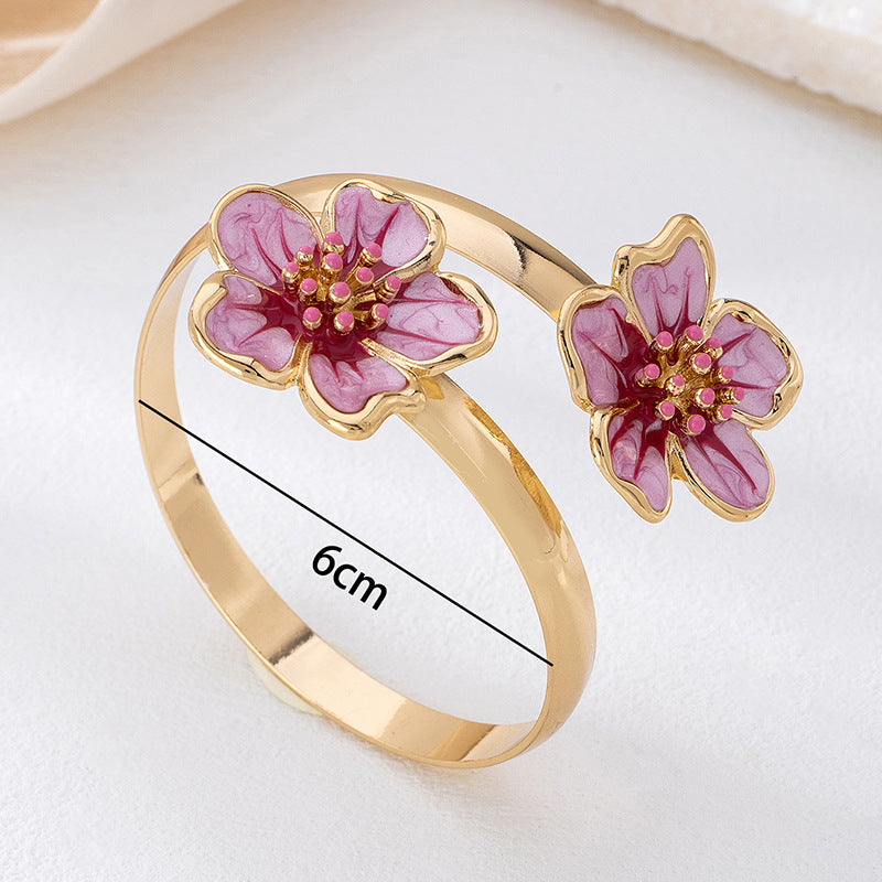 Flower Pattern Enamel Bangle For Women In Rose Red, Elegant Arm Cuff Jewelry Accessory