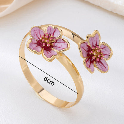 Flower Pattern Enamel Bangle For Women In Rose Red, Elegant Arm Cuff Jewelry Accessory