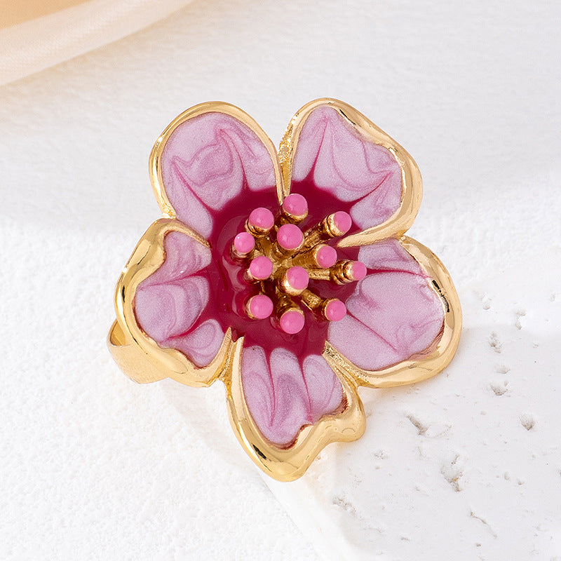 Flower Pattern Ring In Rose Red Featuring Enamel Craftsmanship, Perfect For Elegant Style