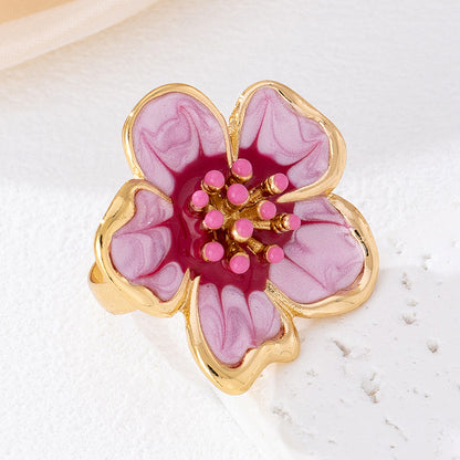 Flower Pattern Ring In Rose Red Featuring Enamel Craftsmanship, Perfect For Elegant Style
