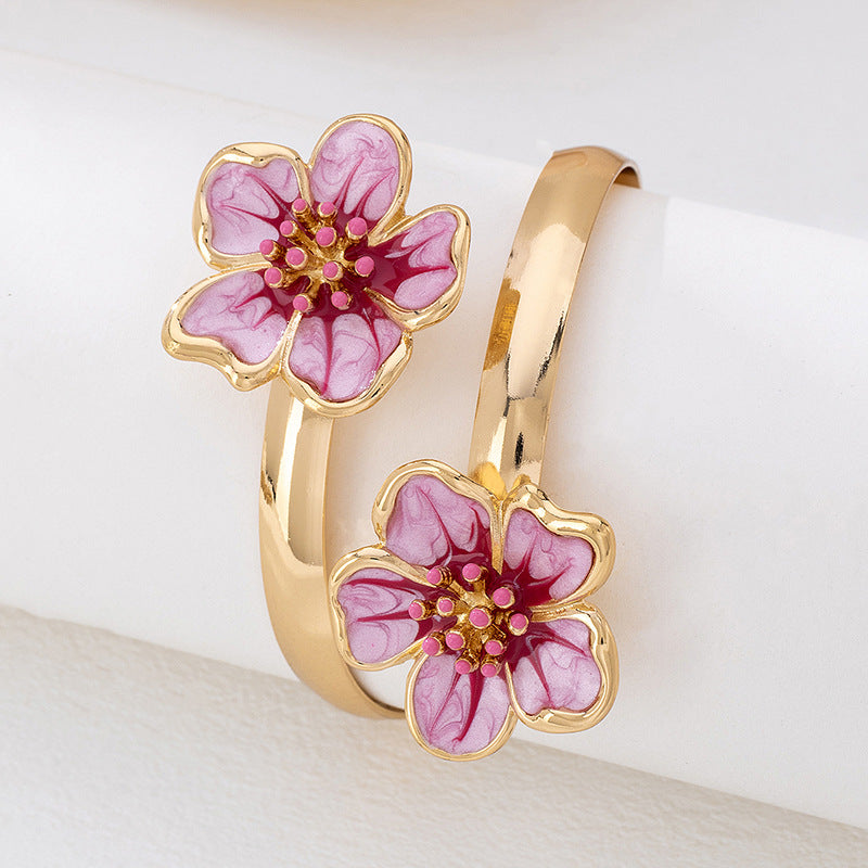 Flower Pattern Enamel Bangle For Women In Rose Red, Elegant Arm Cuff Jewelry Accessory