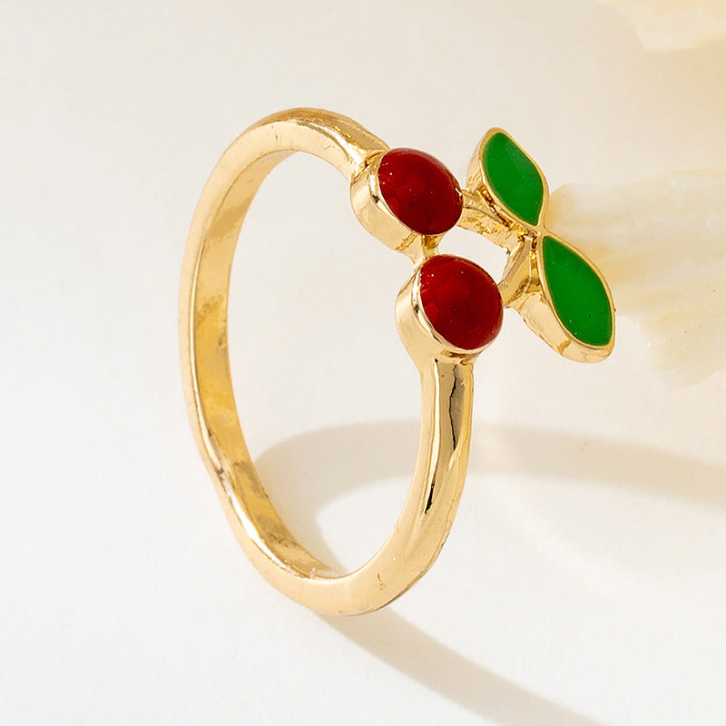 Gold Cherry Ring With Enamel Finish, Elegant Design For Stylish Wear