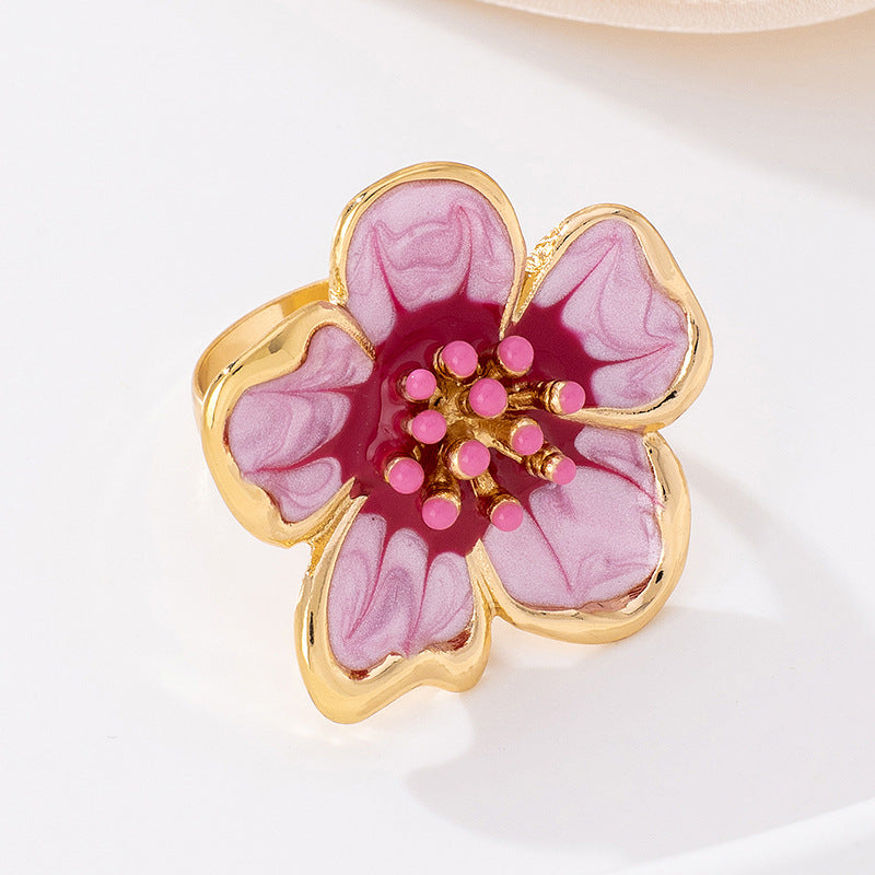 Flower Pattern Ring In Rose Red Featuring Enamel Craftsmanship, Perfect For Elegant Style