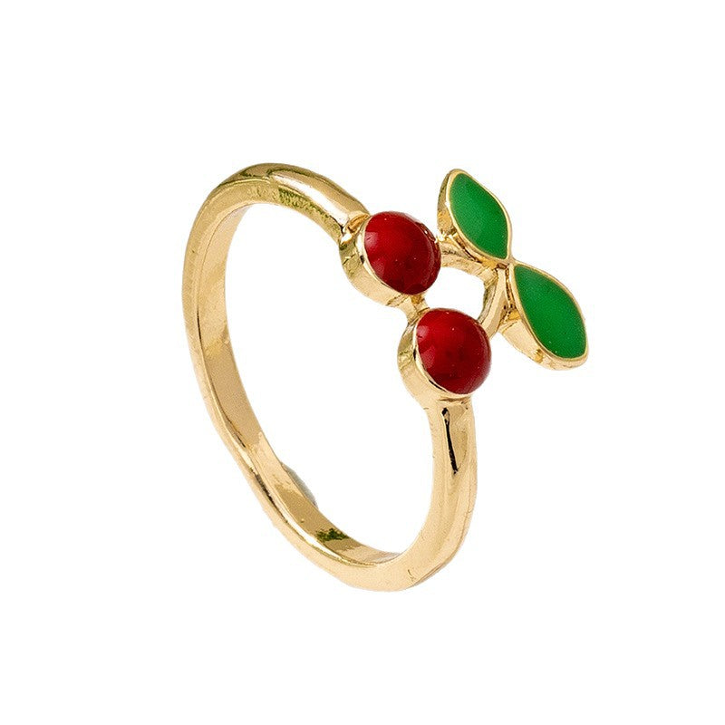 Gold Cherry Ring With Enamel Finish, Elegant Design For Stylish Wear