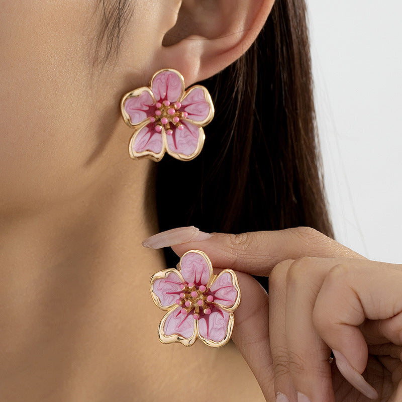 Elegant Retro Flower Enamel Stud Earrings For Women In Rose Red