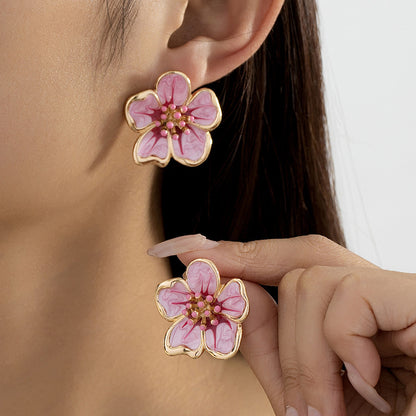 Elegant Retro Flower Enamel Stud Earrings For Women In Rose Red