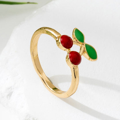 Gold Cherry Ring With Enamel Finish, Elegant Design For Stylish Wear