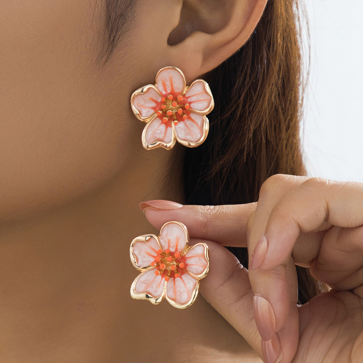 Elegant Retro Flower Enamel Stud Earrings For Women In Rose Red