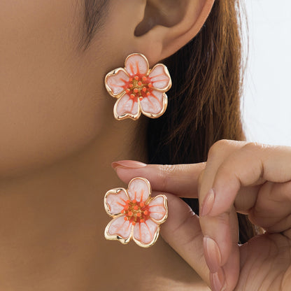 Elegant Retro Flower Enamel Stud Earrings For Women In Rose Red