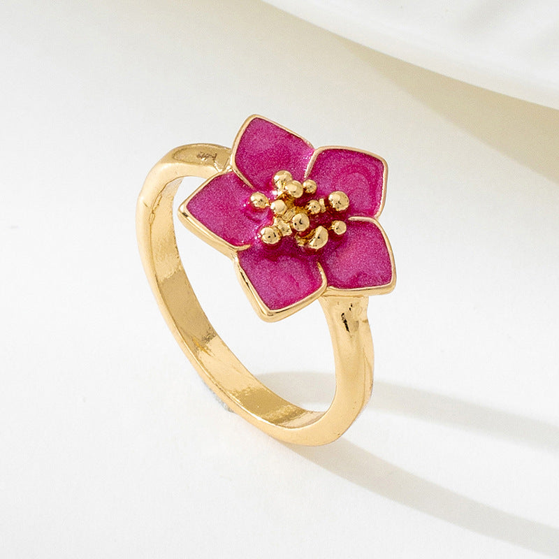 Flower Pattern Rose Red Enamel Ring For Women Featuring Elegant Design