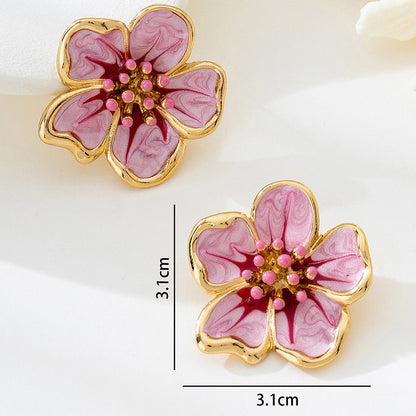 Elegant Retro Flower Enamel Stud Earrings For Women In Rose Red