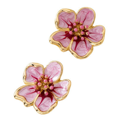 Elegant Retro Flower Enamel Stud Earrings For Women In Rose Red