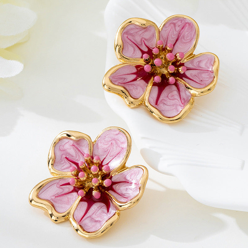 Elegant Retro Flower Enamel Stud Earrings For Women In Rose Red