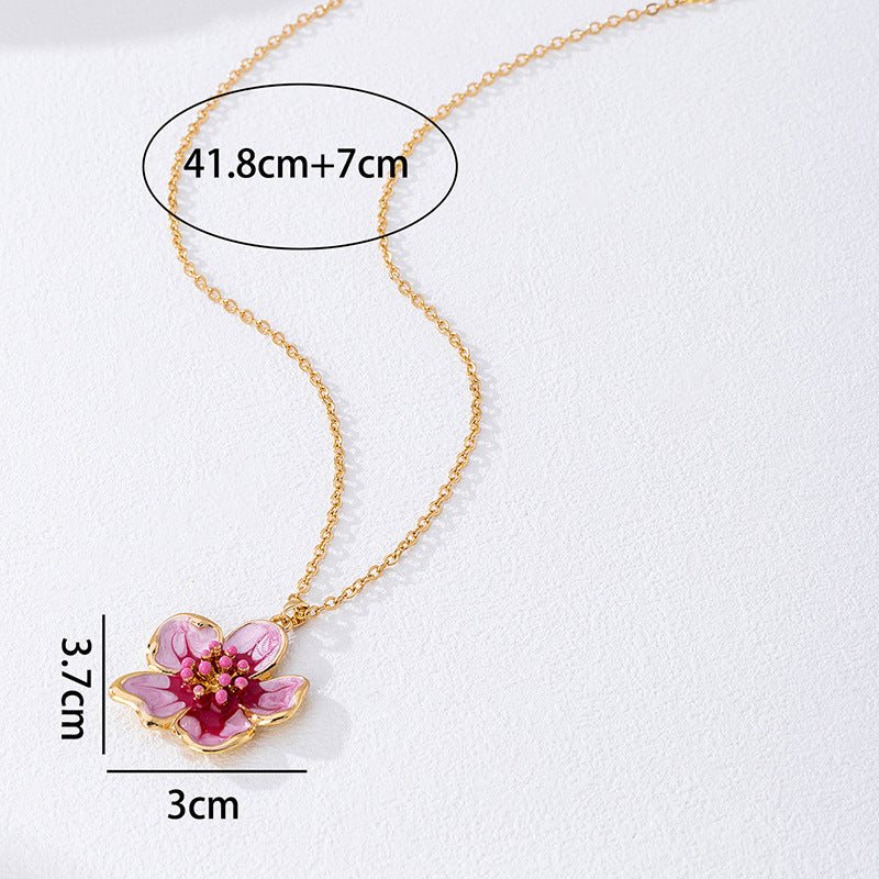 Flower Pendant Necklace In Zinc Alloy With Rose Red Enamel For Elegant Style