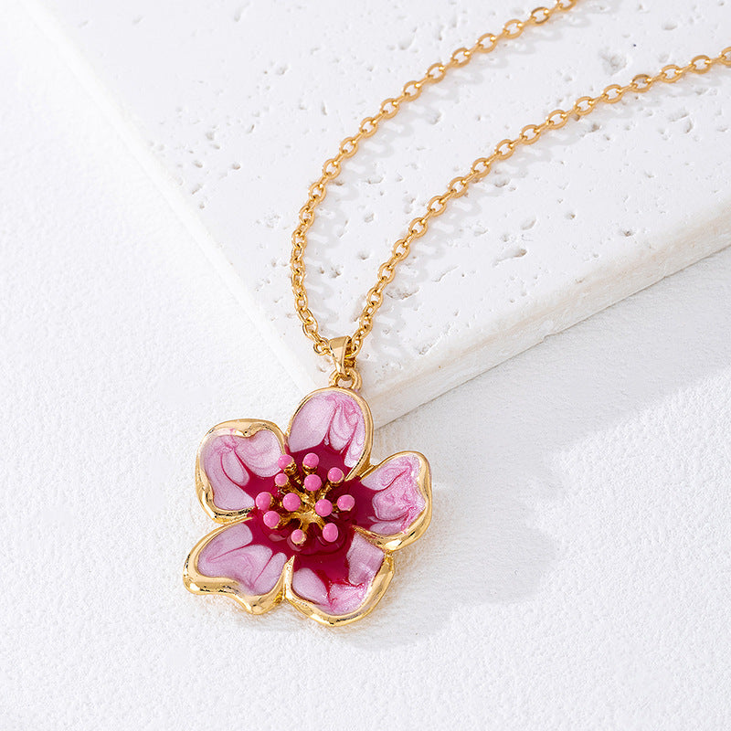 Flower Pendant Necklace In Zinc Alloy With Rose Red Enamel For Elegant Style