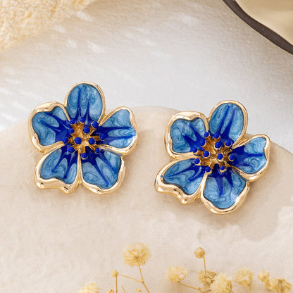 Elegant Retro Flower Enamel Stud Earrings For Women In Rose Red