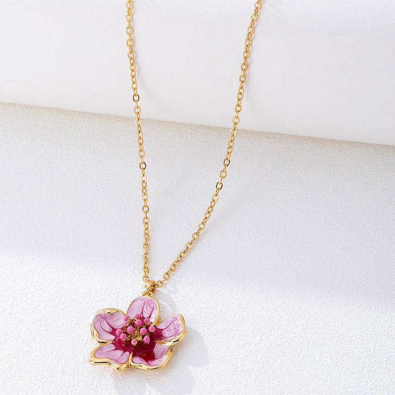 Flower Pendant Necklace In Zinc Alloy With Rose Red Enamel For Elegant Style