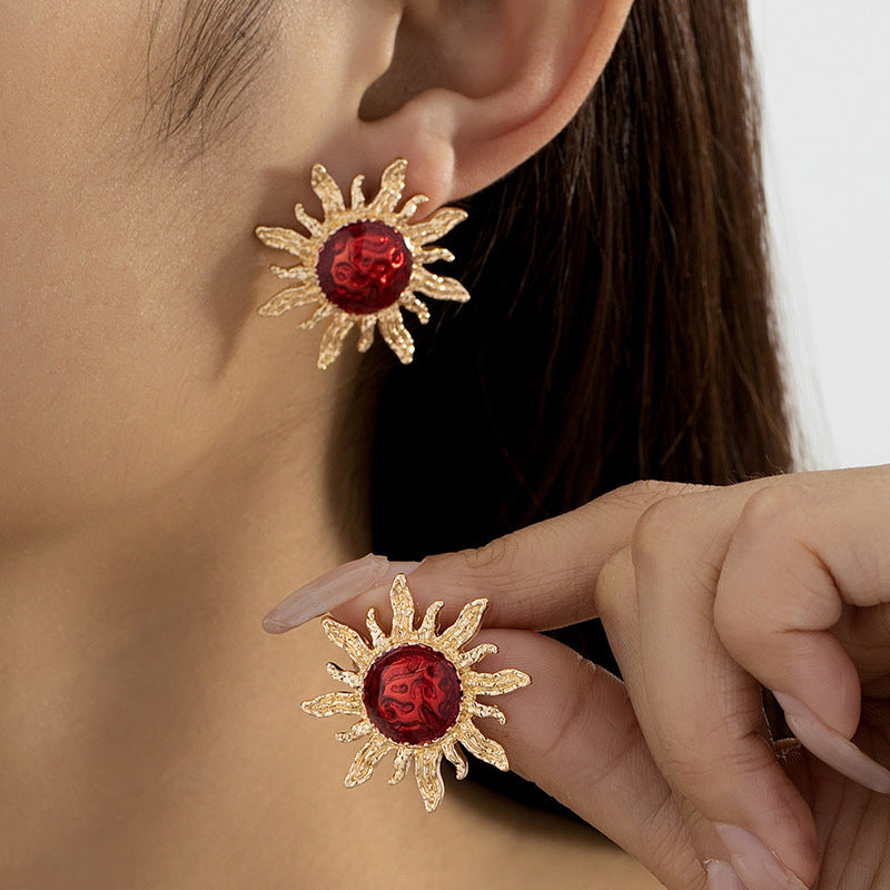 Sunflower Enamel Stud Earrings For Women In Wine Red
