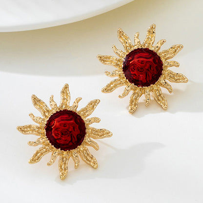 Sunflower Enamel Stud Earrings For Women In Wine Red