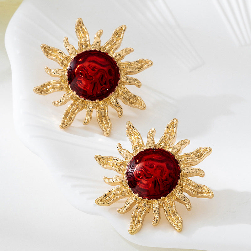 Sunflower Enamel Stud Earrings For Women In Wine Red