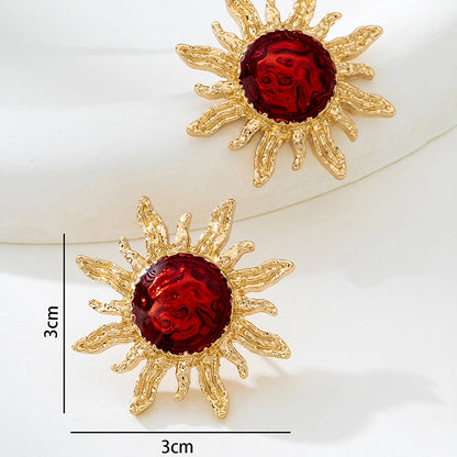 Sunflower Enamel Stud Earrings For Women In Wine Red
