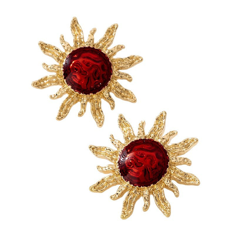 Sunflower Enamel Stud Earrings For Women In Wine Red