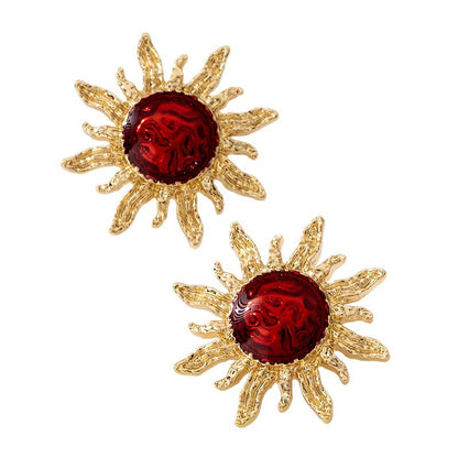 Sunflower Enamel Stud Earrings For Women In Wine Red
