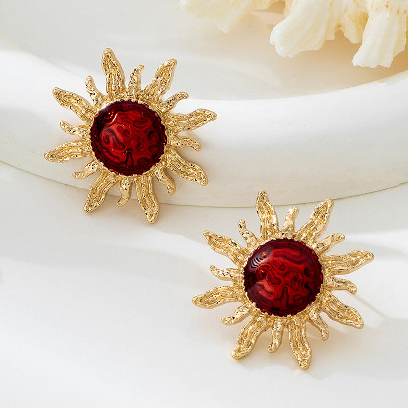 Sunflower Enamel Stud Earrings For Women In Wine Red
