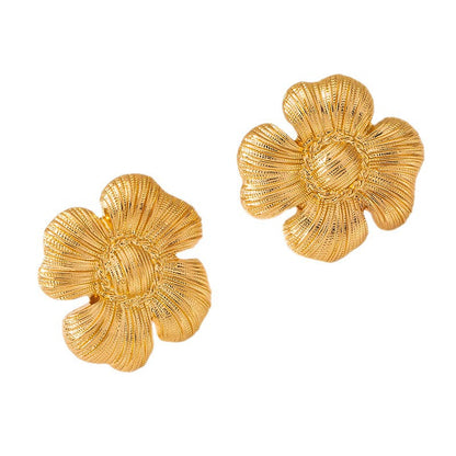 Flower Stud Earrings With Brushed Petal Design In Gold For Elegant Style