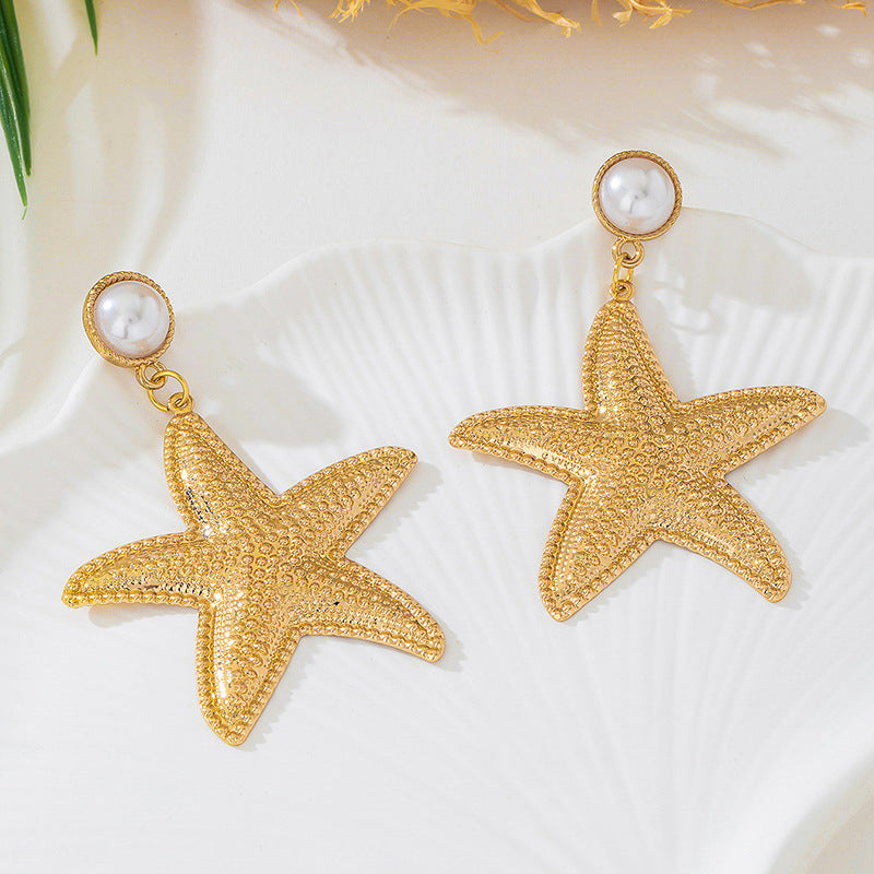 Gold Conch Stud Earrings For Women Featuring A Geometric Starfish Design