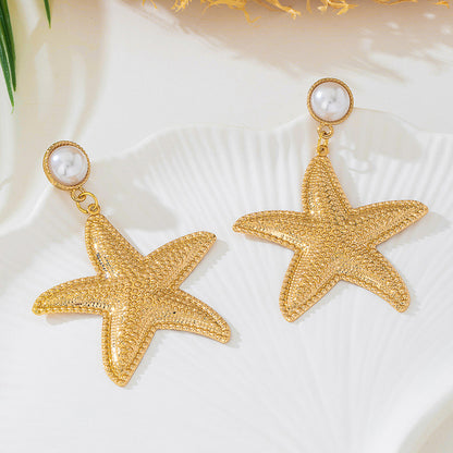 Gold Conch Stud Earrings For Women Featuring A Geometric Starfish Design