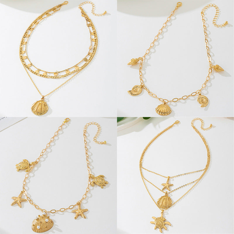 Beach Artificial Pearl Starfish Shell Necklace For Women Vintage Vacation Jewelry Zinc Alloy Beaded Necklace Vacation Accessories