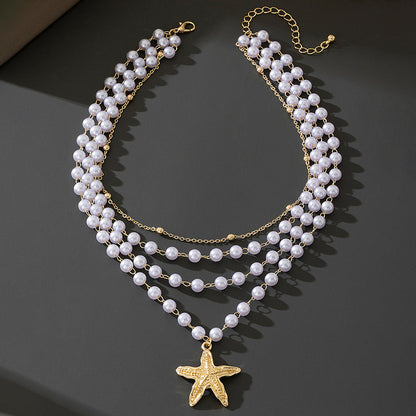 Beach Artificial Pearl Starfish Shell Necklace For Women Vintage Vacation Jewelry Zinc Alloy Beaded Necklace Vacation Accessories