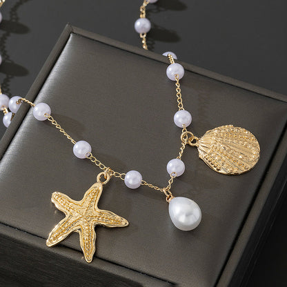 Beach Artificial Pearl Starfish Shell Necklace For Women Vintage Vacation Jewelry Zinc Alloy Beaded Necklace Vacation Accessories