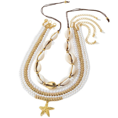 Beach Artificial Pearl Starfish Shell Necklace For Women Vintage Vacation Jewelry Zinc Alloy Beaded Necklace Vacation Accessories