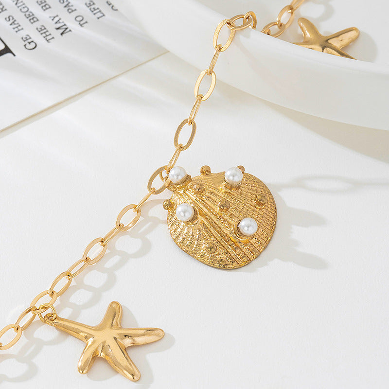 Beach Artificial Pearl Starfish Shell Necklace For Women Vintage Vacation Jewelry Zinc Alloy Beaded Necklace Vacation Accessories