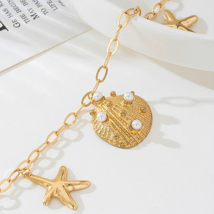 Beach Artificial Pearl Starfish Shell Necklace For Women Vintage Vacation Jewelry Zinc Alloy Beaded Necklace Vacation Accessories