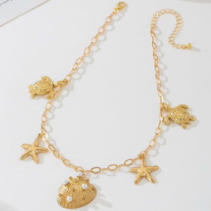 Beach Artificial Pearl Starfish Shell Necklace For Women Vintage Vacation Jewelry Zinc Alloy Beaded Necklace Vacation Accessories