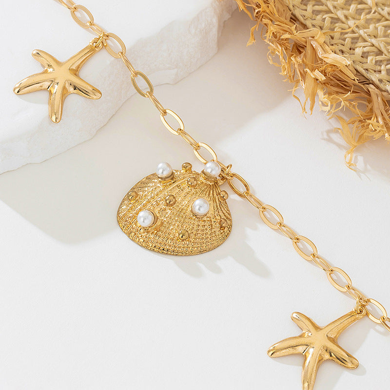 Beach Artificial Pearl Starfish Shell Necklace For Women Vintage Vacation Jewelry Zinc Alloy Beaded Necklace Vacation Accessories