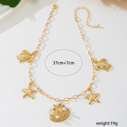 Beach Artificial Pearl Starfish Shell Necklace For Women Vintage Vacation Jewelry Zinc Alloy Beaded Necklace Vacation Accessories
