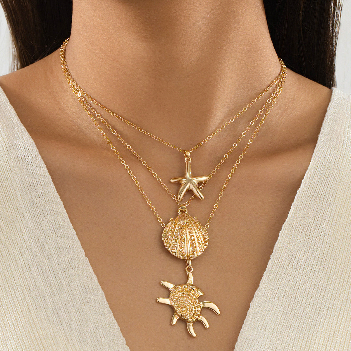 Beach Artificial Pearl Starfish Shell Necklace For Women Vintage Vacation Jewelry Zinc Alloy Beaded Necklace Vacation Accessories