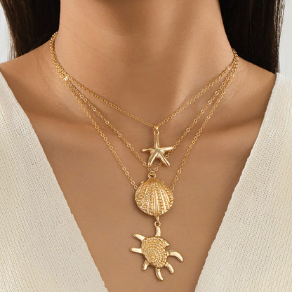 Beach Artificial Pearl Starfish Shell Necklace For Women Vintage Vacation Jewelry Zinc Alloy Beaded Necklace Vacation Accessories